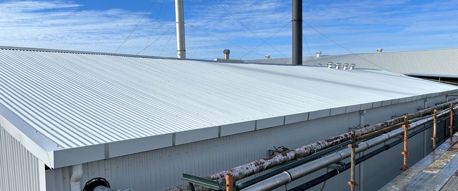 New pale corrugated roof sheeting and matching wall cladding on a commercial building, with two flue stacks and scaffold alongside.