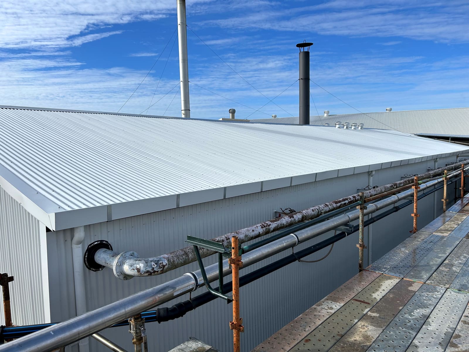 Commercial building with new pale metal roof sheeting and capping, scaffold and pipework alongside.