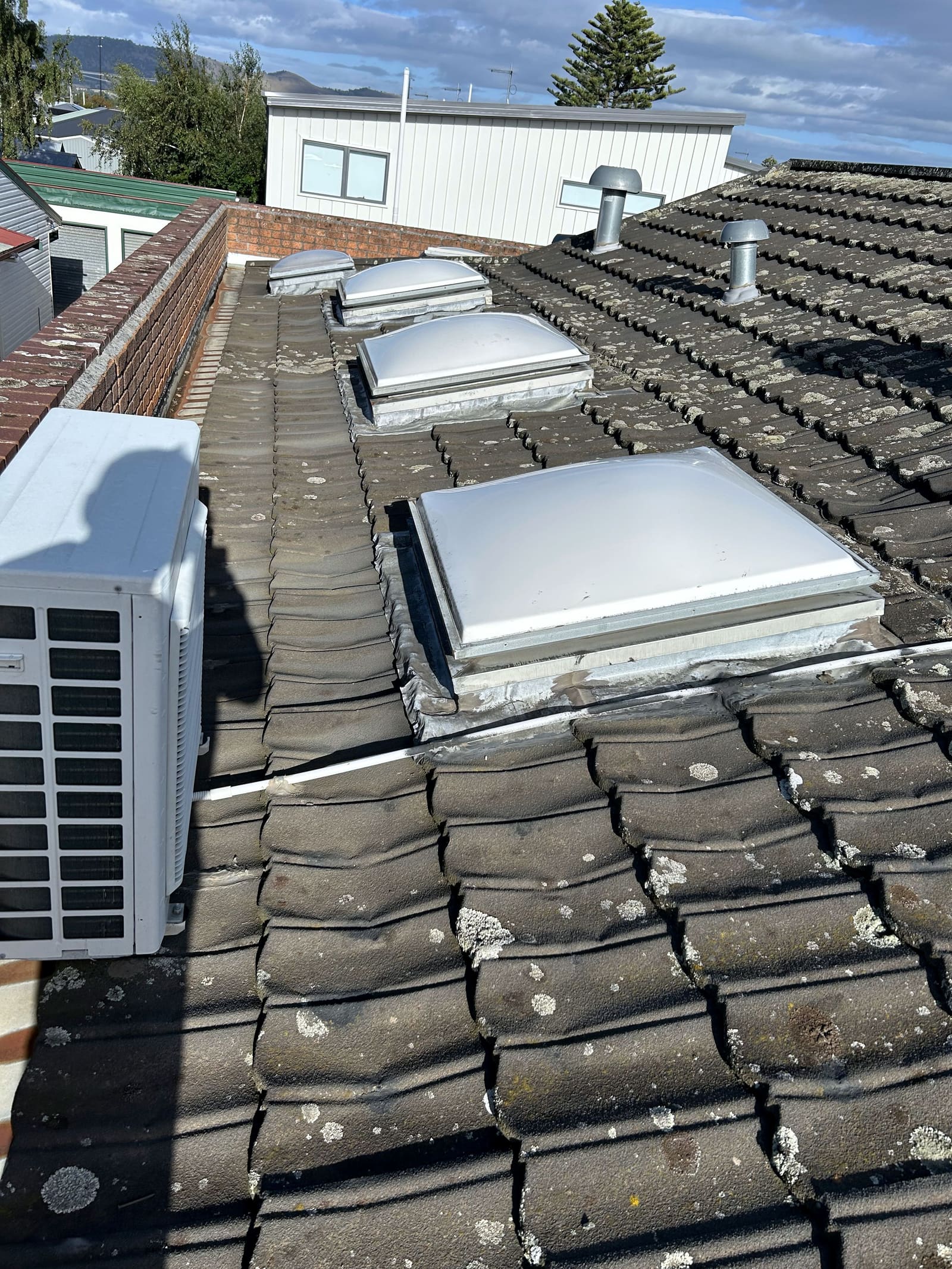 An existing tiled roof seen from above, with lichen on the tiles, domed skylights and cowl vents.